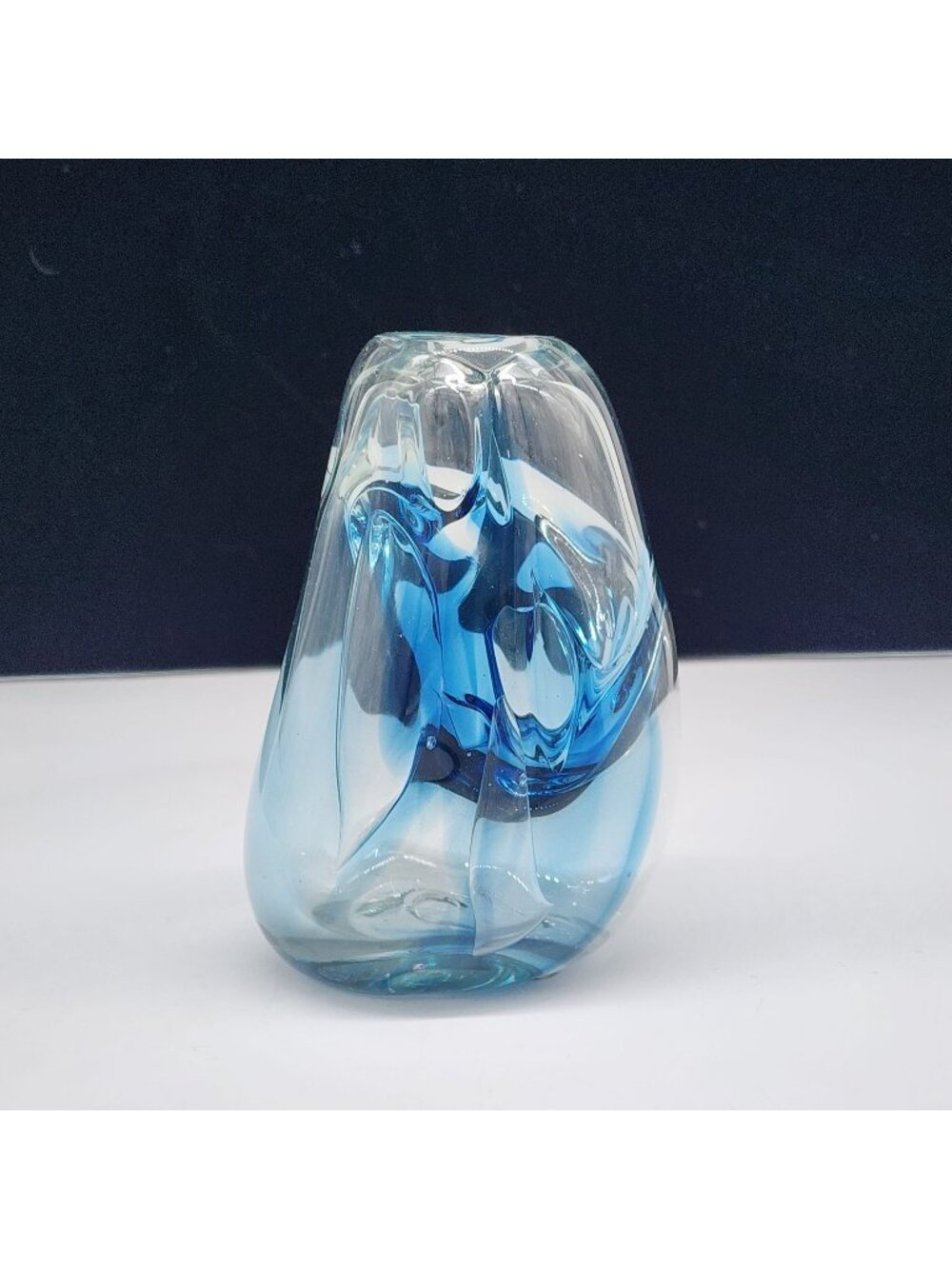 Signed Handblown Glass Paperweight Vase Swirling Blue Brutalist Design 5.5"
